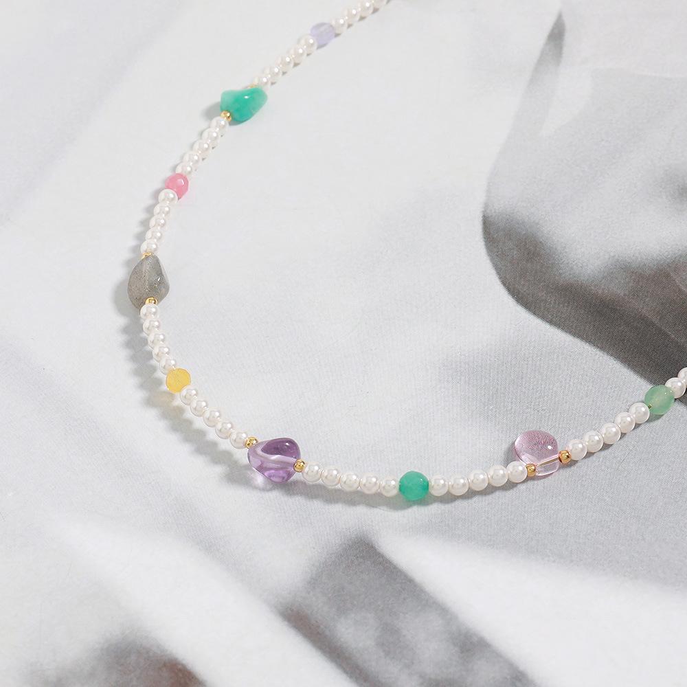 GEMCHIC Женское Ожерелье из Цветных Стеклянных Бусин и Натуральных Камней Оригинального Дизайна Милая Девушка Модная Универсальная Цепочка на Ключицы
