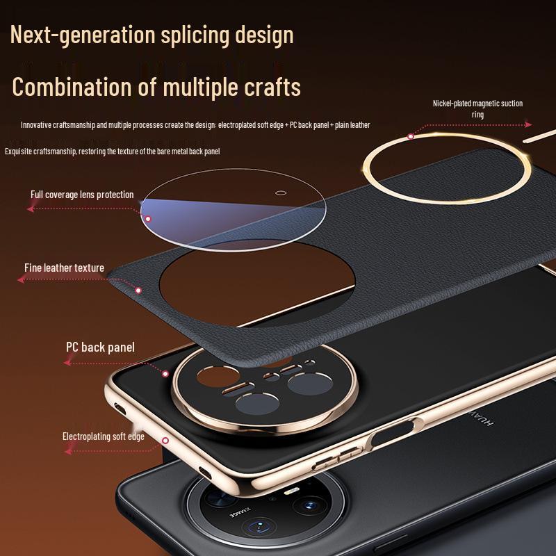 Чехол для телефона Huawei Mate70air с пленкой для объектива, SUP-AL90: Модная кожаная текстура, Полное покрытие линзы, Магнитное крепление