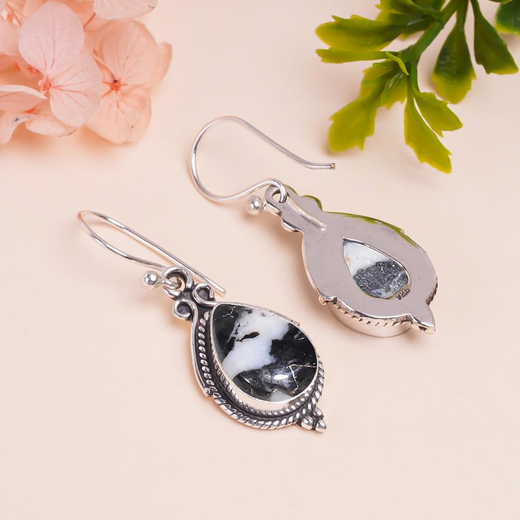 Белая бирюза буффало - Невада 925 стерлинговое серебро серьга V9793, Черно-белая серьга, Серьга-груша, Подарок на День святого Валентина, Подарок для нее, День рождения Г
