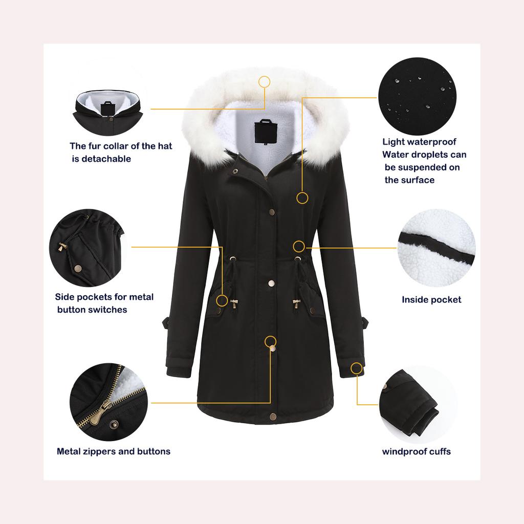 Jackets for Women Fleece Autumn and Winter Removable Hair Collar Women's Pie Over Long-sleeved Hooded Cotton Coat Velvet Coat Cotton Clothing Women