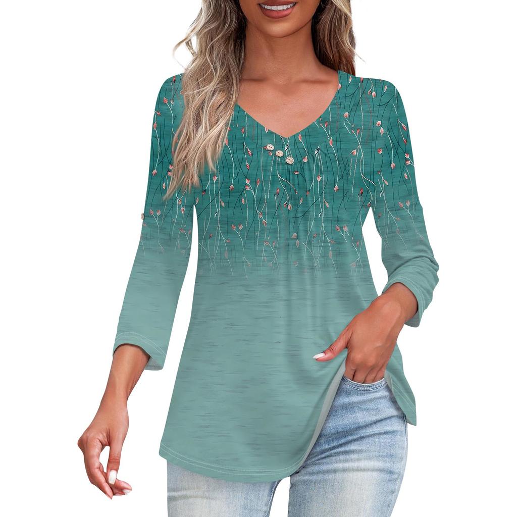 Рубашки для женщин, модные футболки на пуговицах с v-образным вырезом, повседневные летние футболки с принтом, футболка, блузка, топы с рукавами три четверти для женщин