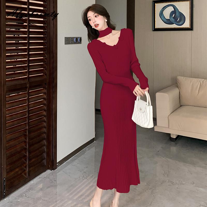 Платье-свитер миди во французском стиле осень-зима розовое черное красное фиолетовое бежевое цветочное трикотажное женственное платье элегантное милое женское трикотажное платье