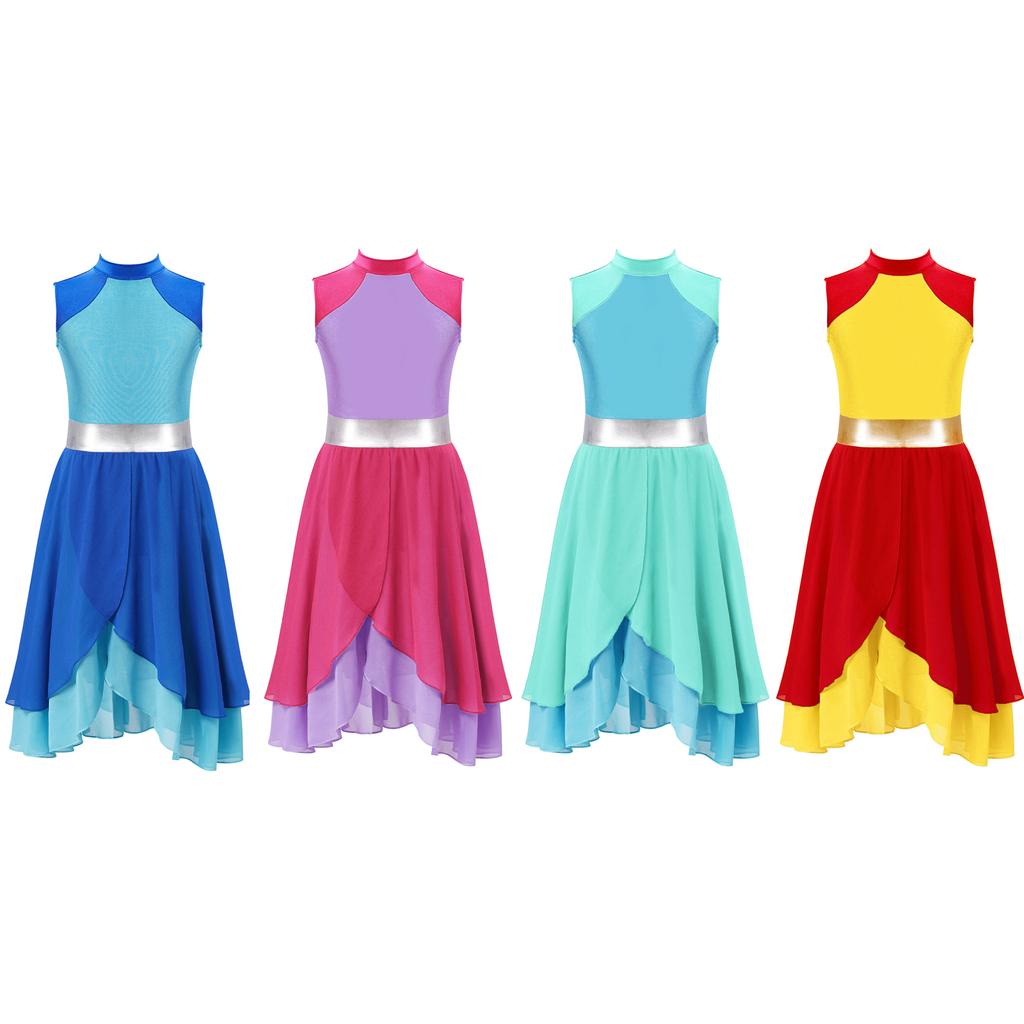 Girls Praise Dance Dress Color Block Mock Neck Sleeveless Tiered Wrap Hem Lyrical Performance Gown