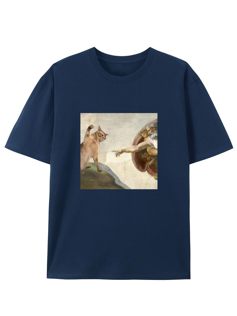Юмористическая футболка с графическим принтом «Пародия на Сотворение Адама» с котом, повседневная футболка с круглым вырезом, приталенная, с коротким рукавом, для взрослых, летний повседневный модный топ