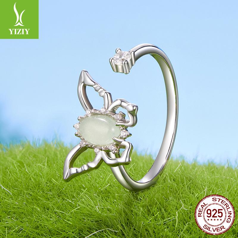 Design Butterfly Open Ring, Spring 925 Sterling Silver Stylish Simple Natural Jade Jewelry