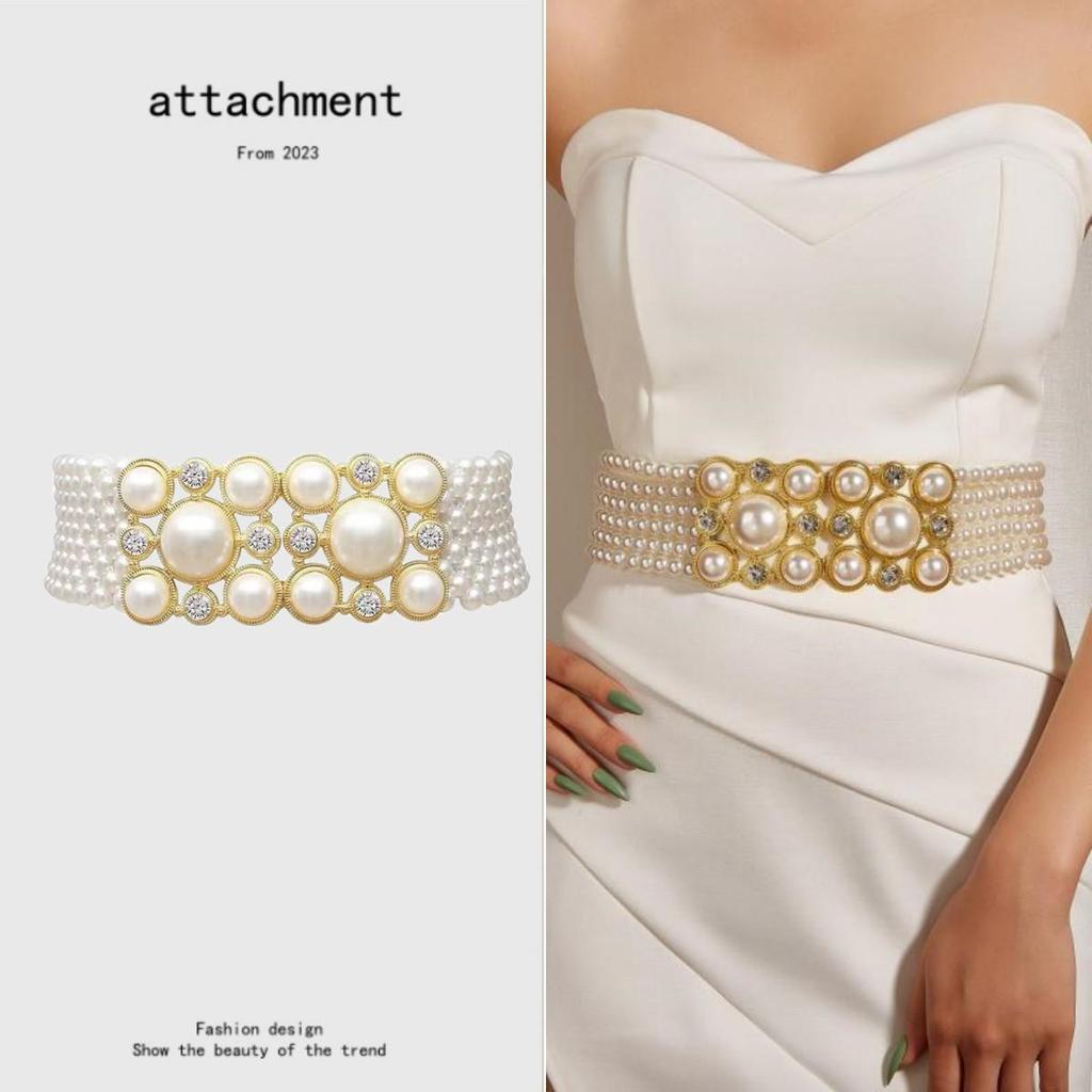 «Элегантный пояс со стразами и жемчугом: Универсальная широкая цепочка на талию для элитных пальто.