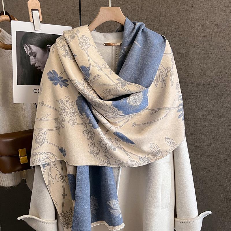 Winter Thickened Warm Scarf Floral Tassel Pashmina Shawl For Women Imitation Cashmere Warps Autumn Coldproof Windproof Blanket