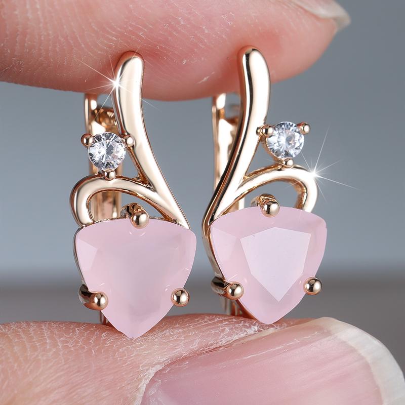 Vintage Geometric Pink Zircon Drop Earrings for Women Luxury Gold Color Daily Fashion Jewelry