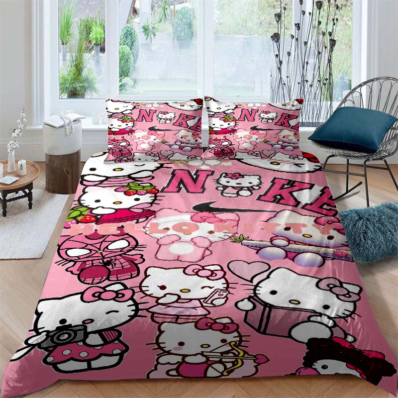 3D printed Hello Kitty duvet cover and pillowcase bedding set, available for single, double, and king-size beds, suitable for