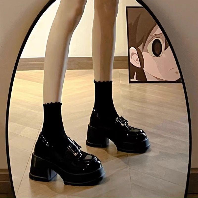 Черные туфли на платформе из кожи, женские мокасины, туфли Мэри Джейн с одной педалью, увеличивающие рост одинарные туфли с пряжкой H, женские