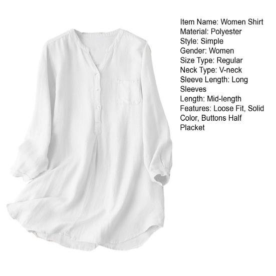 Женская рубашка с V-образным вырезом, пуговицами, полузастежкой, длинным рукавом, свободный крой, повседневная рубашка, однотонная рубашка средней длины