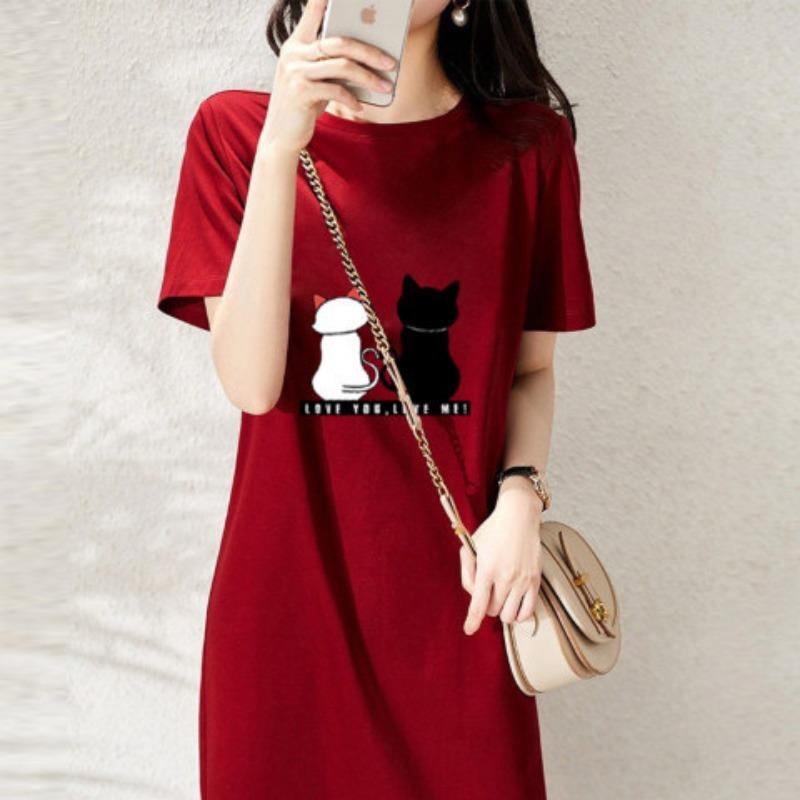 YYFS Women's Fashion Summer Spring Feather Print Short Sleeve O-Neck Loose Waistline Casual Dresses