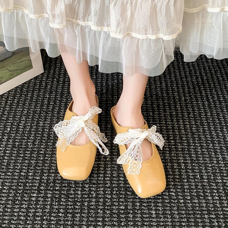 Fashion Baotou Flat Shoes Women Fashion Square Head Shallow Mouth Lace Lace-up Butterfly Knot Soft Sole Non-slip Slippers