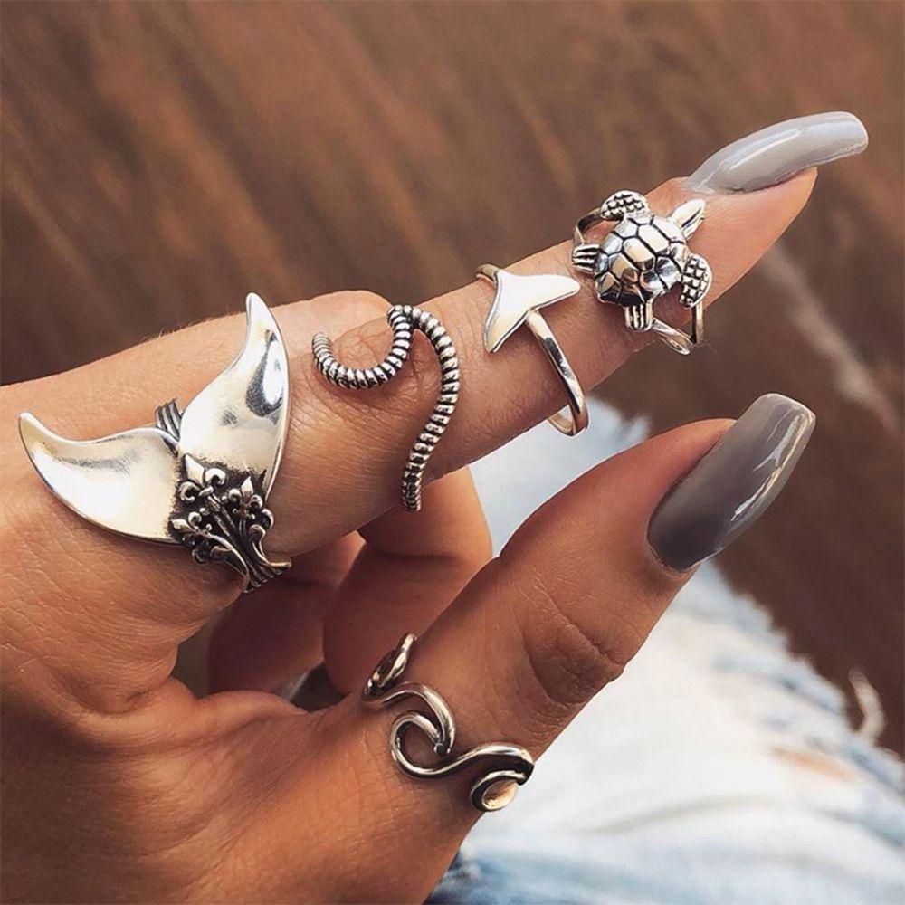 5PCS Geometric Charm Jewelry set Rings Set Whale Tail Waves/Turtle Finger Ring