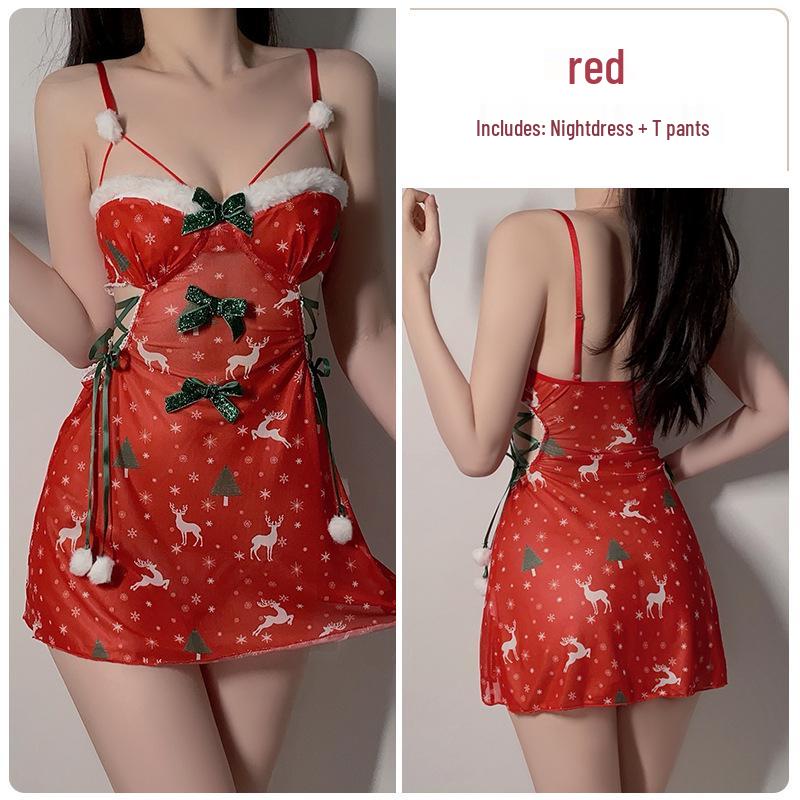 Stunning Plus Size Deep V Christmas Lingerie Set: Sweet & Seductive Mesh Camisole Nightgown