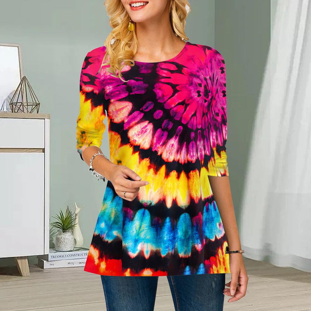 Плюс Размер Женский Цветочный Tie-dye Принт Круглый Вырез Повседневный Свободный Длинный Рукав Топ