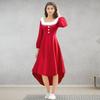 Christmas Performance Dress Fluffy Square Neck Pure Color A-line Irregular Hem Button Decor Festive Stage Show Santa Cosplay Costume New Year