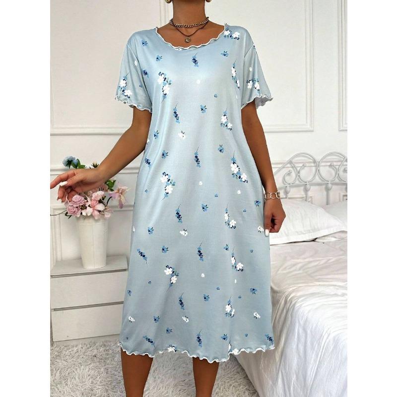 Большой размер, круглый вырез, короткий рукав, синий цвет с цветами абрикоса, домашняя одежда, ночная рубашка, платье, повседневный стиль, женская одежда с принтом