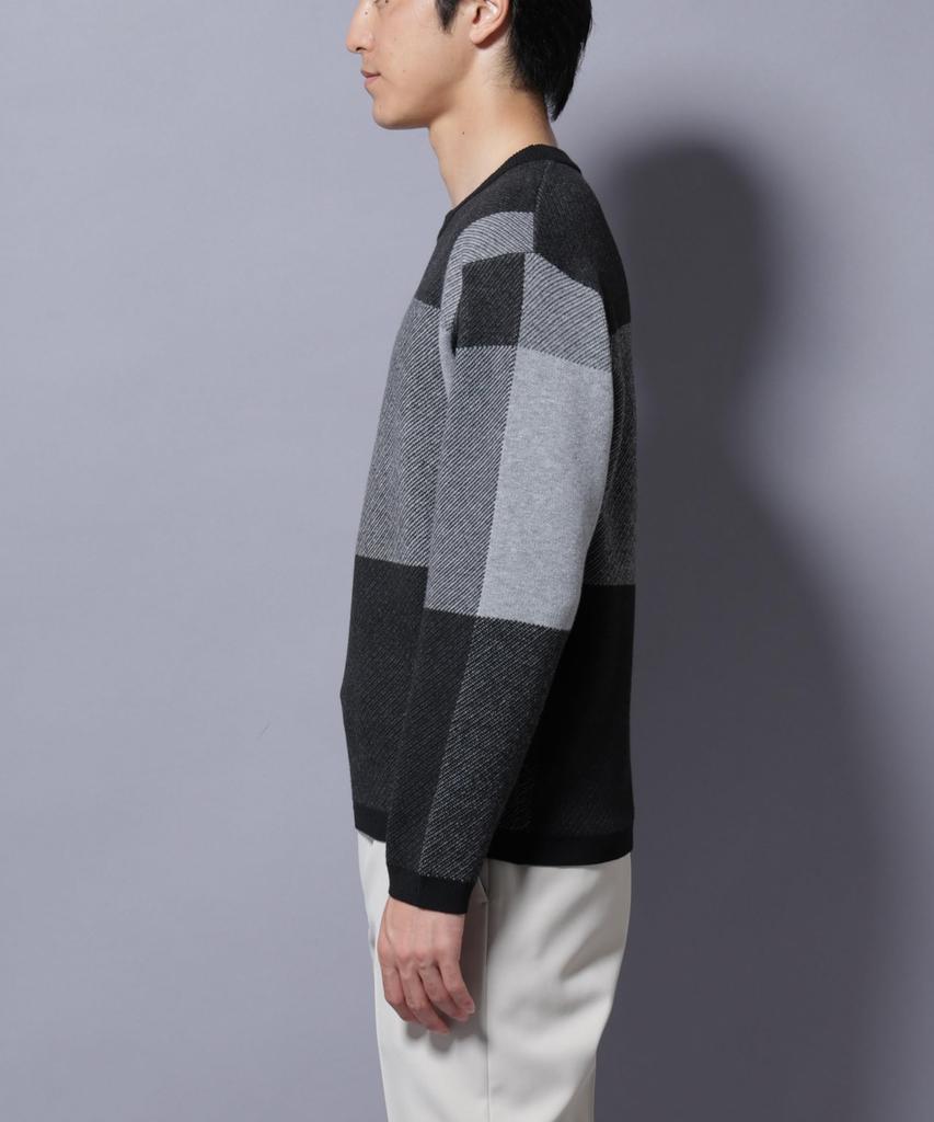 Nano Universe Block Check Crew Neck Size L Men's Knit, (140), Green, 672-5222209