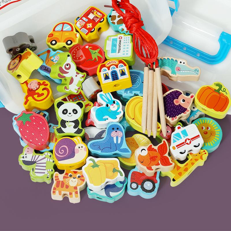 42 шт. Деревянные игрушки с бусинами, Детские мультяшные фрукты, животные, Нанизывание деревянных бусин, Сделай сам, Игрушки Монтессори, Детские развивающие игры