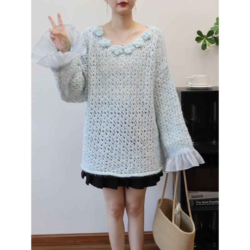 Three-dimensional Flower Hollow Sequin Loose Knitted Sweater Top Autumn and Winter New Splicing Mesh Sweater Pullover Women