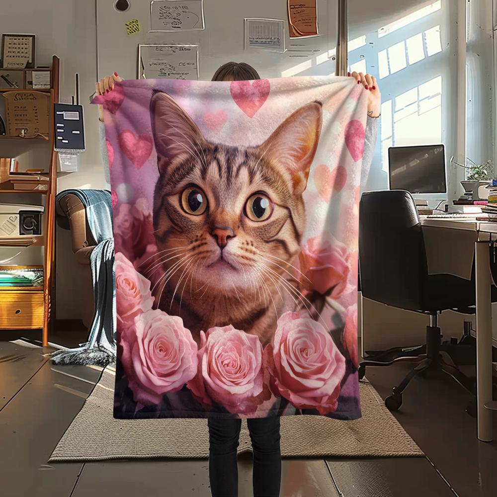 American Shorthair and Roses,pattern Flannel Blanket, High quality Comfortable for All Seasons, Home Decor, Warmth and Comfort, Perfect for Gifts.