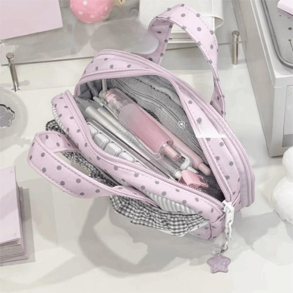 Plaid Polka Dot Lace Pencil Case Large Capacity Lace Stationery Bag Lace Pen Bag  Gift Giving