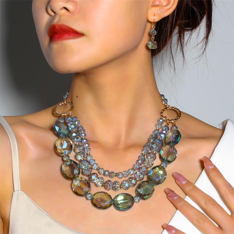 Exaggerated Crystal Multi-layer Necklace for Women Fashion Colorful Clavicle Chain Vintage Design Necklaces with Earrings GZW