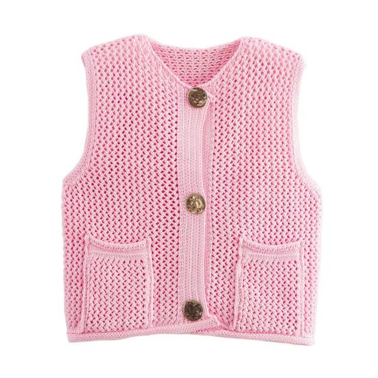 Женский вязаный жилет с V-образным вырезом, без рукавов, однобортный, с карманами, вязаный жилет, универсальный однотонный трикотаж