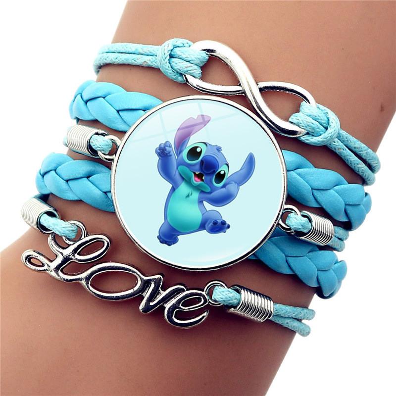 Модный плетеный браслет Stitch синего цвета с мультяшным дизайном из кожи с драгоценными камнями