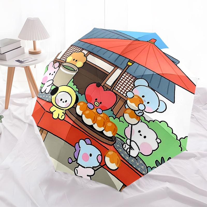 1pc Outdoor Umbrella with BT21 Characters - Automatic Opening/Closing, Portable 3-Fold Design, 8-Bone Iron Frame, Perfect for Fans, Travel, Daily