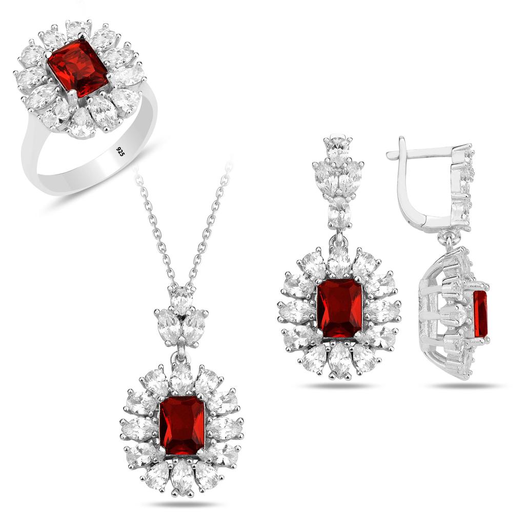 Комплект серебряных украшений с рубиновым камнем, серьги, кольцо, ожерелье с фианитами, комплект ювелирных украшений для женщин, комплект серебряных украшений на каждый день