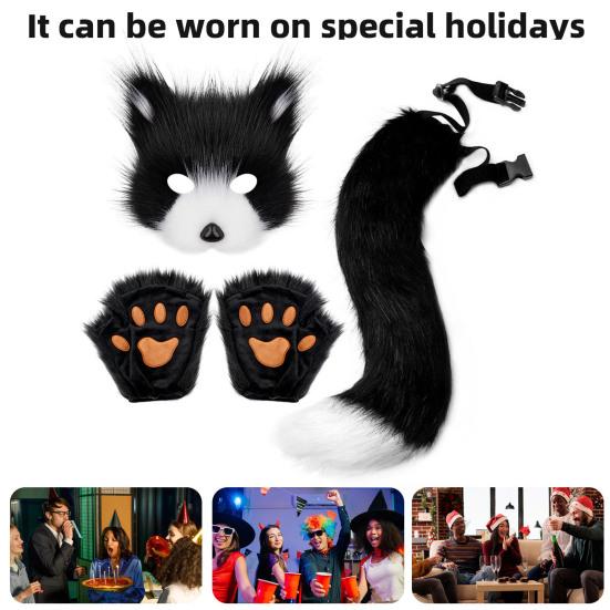 Furry Therian Costume Set for Girls Women Faux Fur Tail Plush Masque Fluffy Paw Gloves Set Fox Cat Wolf Animal Cosplay Accessories for Halloween