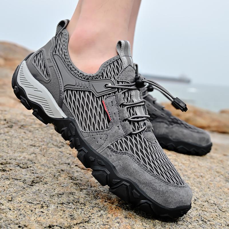 Men’s Outdoor Hiking Shoes Grey Driving Shoes Casual Slip on Summer Black Mesh Shoes Plus Size 45 46