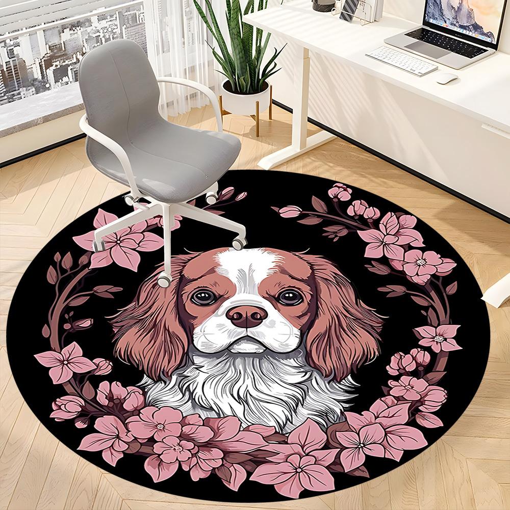 1pc Cavalier King Charles Spaniel Chair Carpet for Office, Round Non Slip Durable Large Size Office Carpet, Suitable for Office