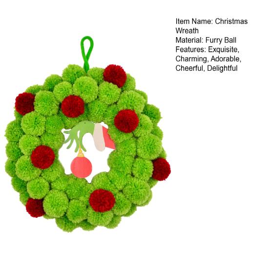 13 Inch Christmas Green Elf Wreath for Front Door Plush Pompom Ball Wreath with Wooden Elf Hand for Winter Wall Window Fireplace Door Tree Decor