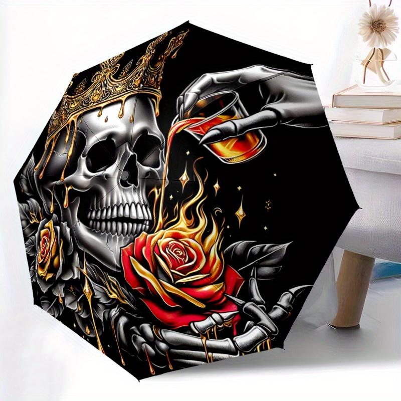 1pc Golden Crowned Skull with Roses Automatic Opening and Closing Umbrella - Small Umbrella Suitable for Various Occasions W049