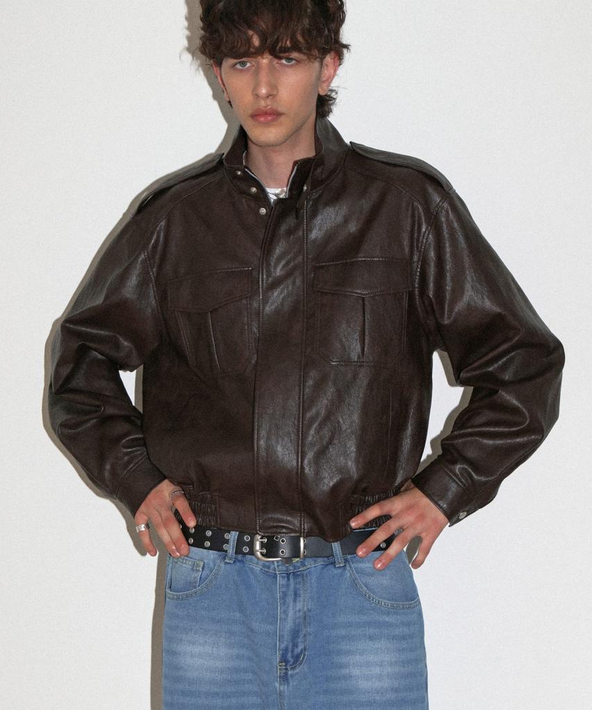 DOFFJASON High-Neck Epaulet Leather Uniform Jacket Brown