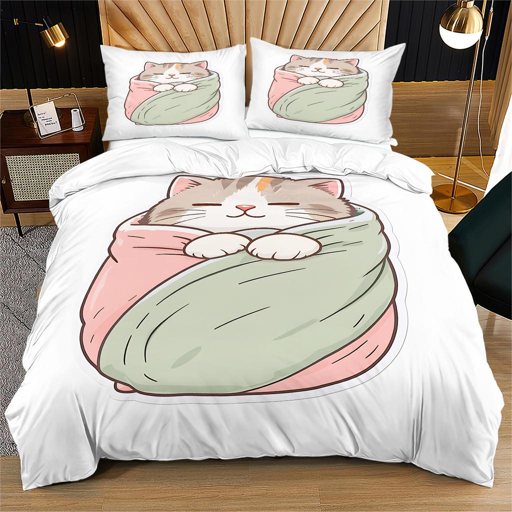 Kawaii Cat Print Duvet Cover Set Cute Sleepy Cat Wrapped In Blanket Bedding Set Cozy Soft Quilt Cover Set For Bedroom Home Decor