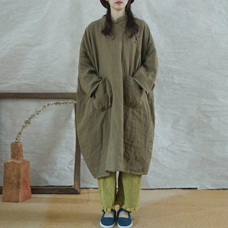 Johnature Женское винтажное льняное платье-стойка с длинным рукавом, теплый халат на пуговицах, однотонная зимняя одежда, свободное платье в китайском стиле