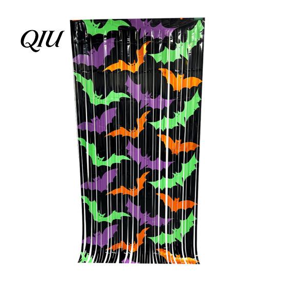 Halloween Backdrop Curtain Foil Fringe for Halloween, Orange Purple Black Background Shiny Tinsel Photo Booth Props, Pumpkin Ghost Bat Party