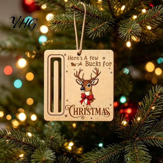 Elk Pattern Xmas Tree Pendants Rustic Santa Reindeer Money Holder Ornament, Wooden Cash Gift Card Creative Ornaments Clip with Slot, Christmas Hanging