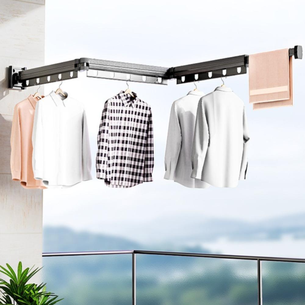 Wall Mounted Folding Clothes Rack Balcony Folding Cloth Hangers Without Punching Household Telescopic Pole Clothes Drying Rods