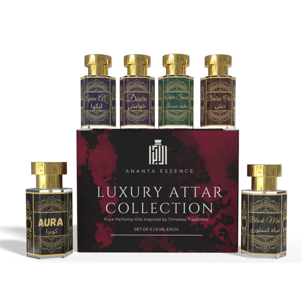 Ananta Набор из 6 масел аттара 6 мл – Aura, Dubai Oud, Black Musk, Desire, Aqua AQ и White Sandal | Набор стойких ароматов для мужчин и женщин
