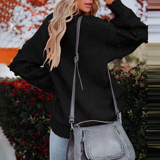 Women Sweater Tops Round Neck Long Sleeve Jacquard Decor Knitted Tops Solid Color Loose Fit Jumper