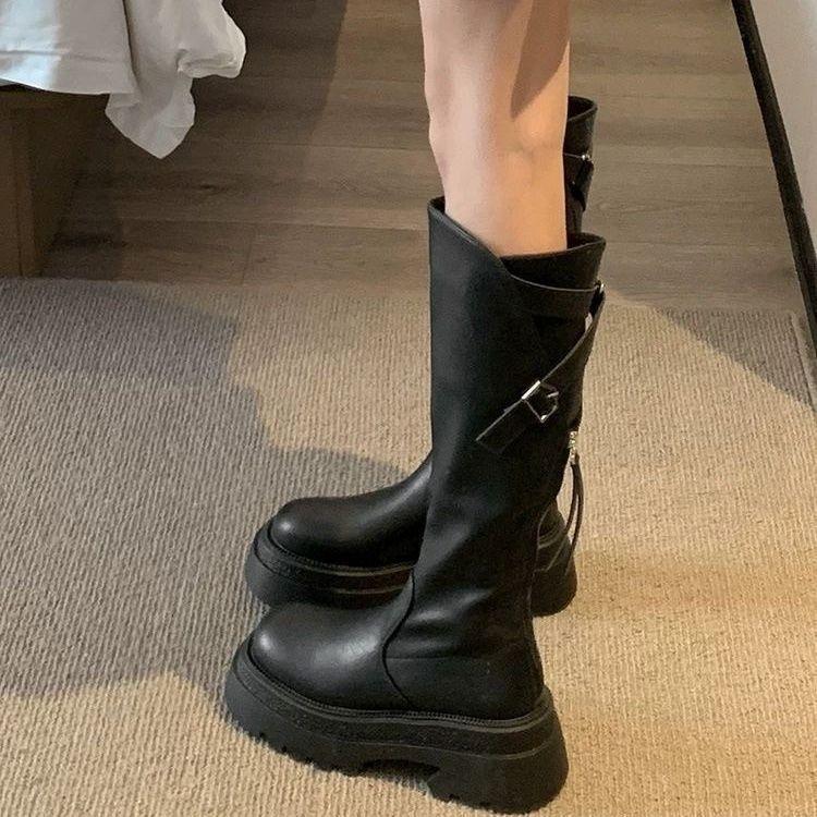 2024 осень и зима новые маленькие рыцарские сапоги с застежкой-молнией сзади на толстой подошве с высокой эластичной трубкой, но сапоги до колена для детей