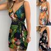 Women Summer Dress Wrapped Tight Waist Adjustable Spaghetti Strap V Neck Slim Fit Sleeveless Floral Print Sheath Vacation Beach Mini Dress