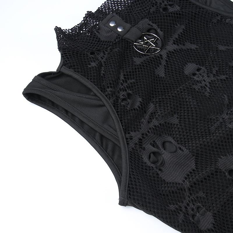 Готические сетчатые укороченные топы с черепом, черная кружевная майка, узкая футболка в стиле панк с перчатками