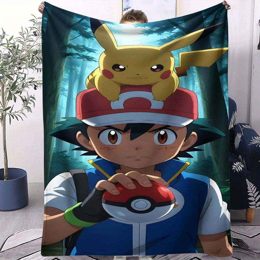 Pokémon Anime Flannel Blanket Pikachu Ash Ketchum Print Soft Warm Throw Sofa Bed Cover Cozy Nap Cape Gift for Kids Adults Fans