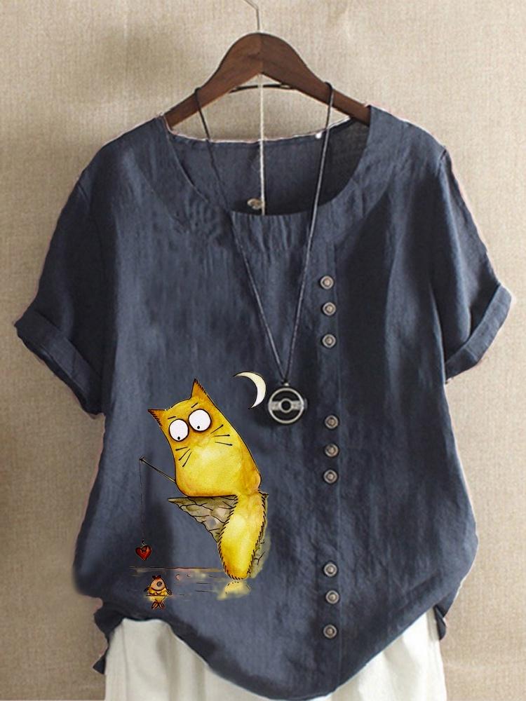 Women's Linen Shirt Round Neck Short Sleeve Cartoon Cats Printed T-shirt Summer Ladies Casual Plus Size Blouse Tops